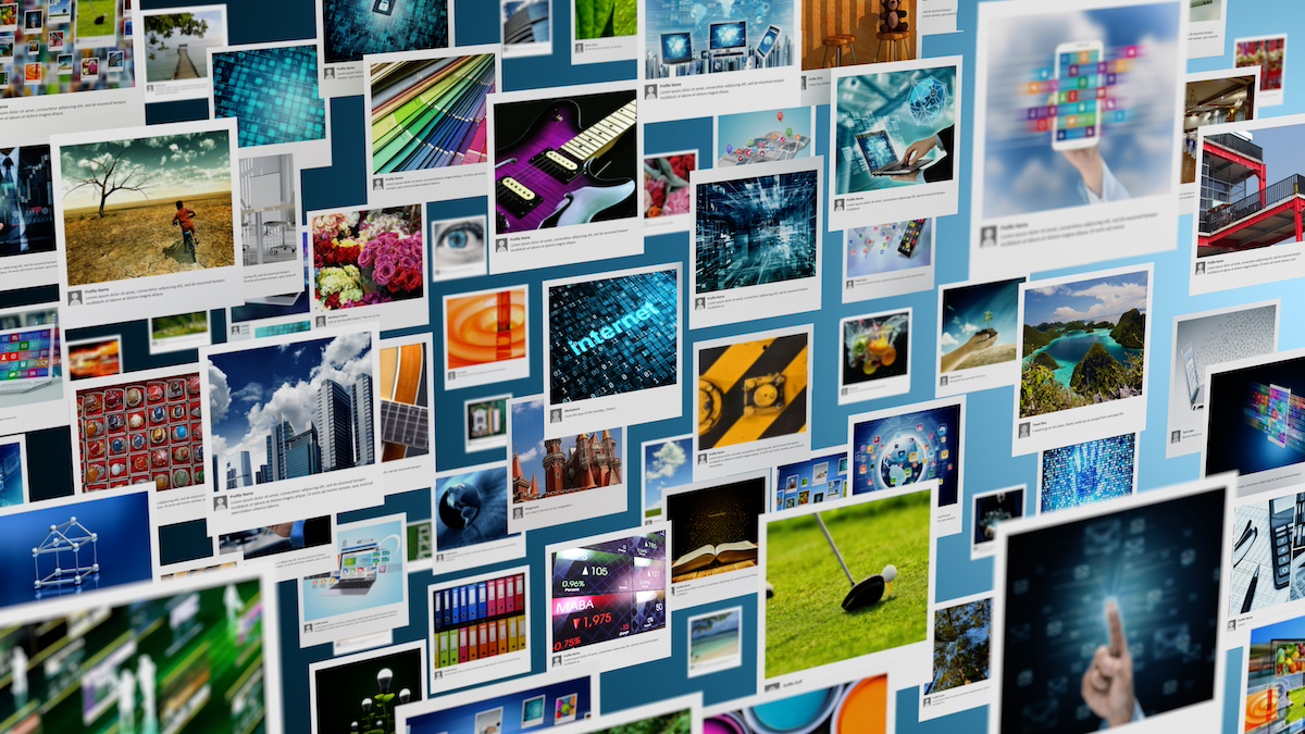 Lots of Polaroid-style photos attached to a transparent wall.