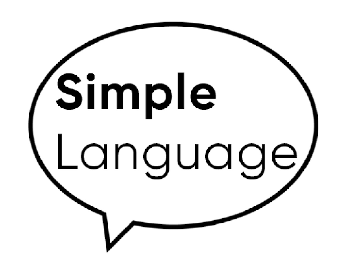 A text bubble that says 'simple language'.